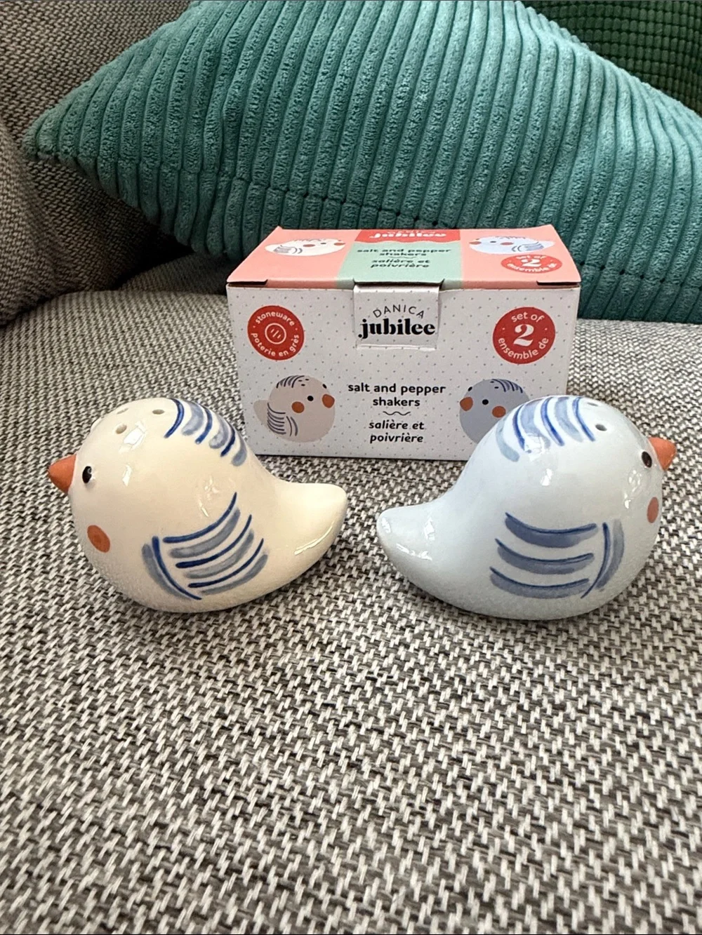 Danica Jubilee Blue & Cream Bird Salt and Pepper Shakers - Set of 2 New in Box
